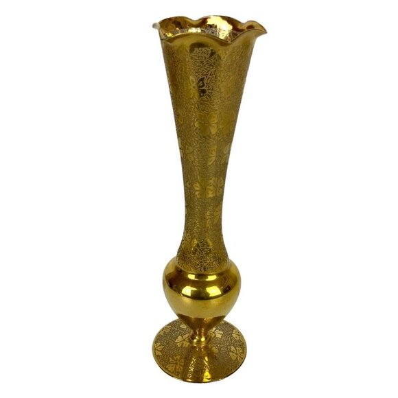 Gold Gilt Plated Etched Glass Bud Vase Floral Design Scalloped Edge Vintage - Picture 1 of 6